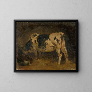 Cow in a barn - Friedrich August Matthias Gauermann — framed artwork on a wall