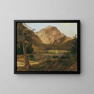 the Lake Langbathsee before the Höllengebirge massif - Friedrich August Matthias Gauermann — framed artwork on a wall