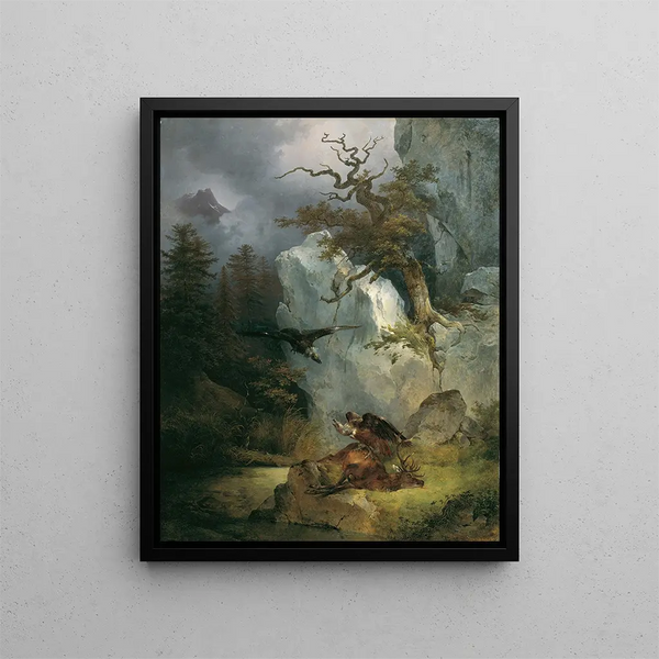 A vulture on a dead deer - Friedrich August Matthias Gauermann — framed artwork on a wall