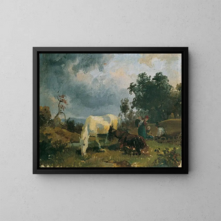 a gray horse on the moor - Friedrich August Matthias Gauermann — framed artwork on a wall