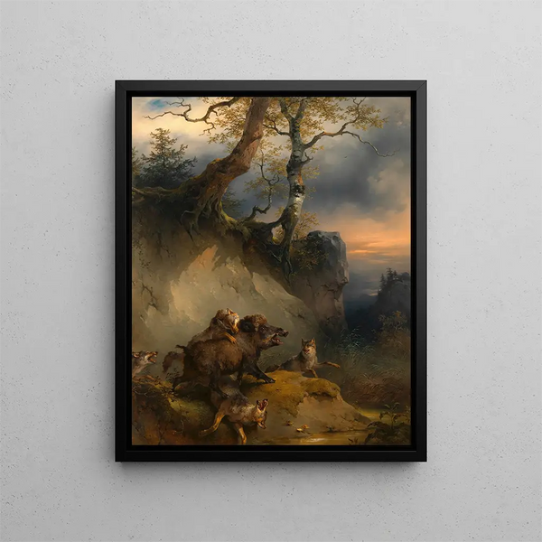 A boar attacked by wolves - Friedrich August Matthias Gauermann — framed artwork on a wall