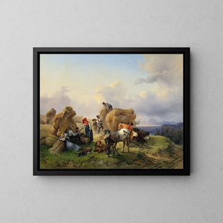 Harvest in the foothills of the Alps - Friedrich August Matthias Gauermann — framed artwork on a wall