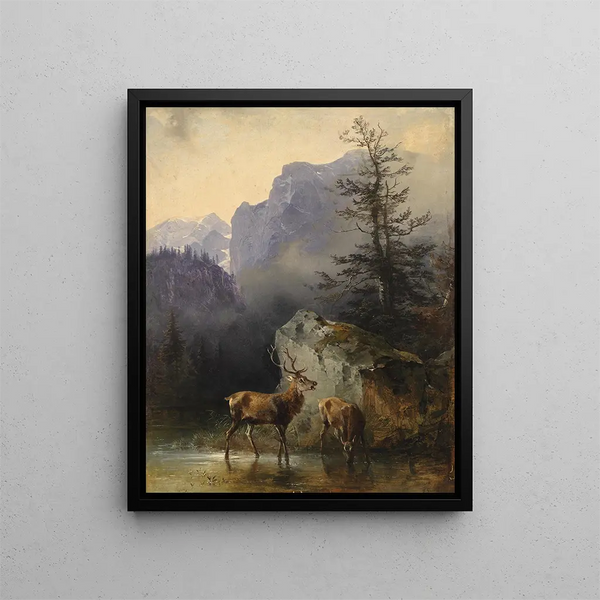Deer and Watering Hole Animal - Friedrich August Matthias Gauermann — framed artwork on a wall