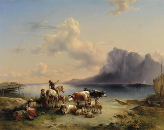 Shepherds and Livestock by the Lake Attersee - Friedrich August Matthias Gauermann — artwork view