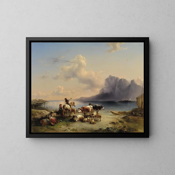 Shepherds and Livestock by the Lake Attersee - Friedrich August Matthias Gauermann — framed artwork on a wall