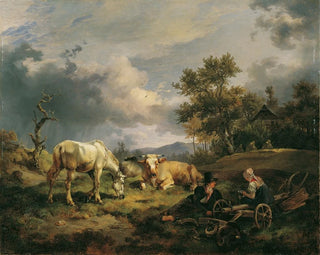 Young couple of farmers resting in the field - Friedrich August Matthias Gauermann — artwork view