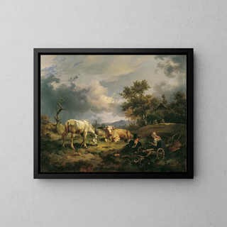 Young couple of farmers resting in the field - Friedrich August Matthias Gauermann — framed artwork on a wall