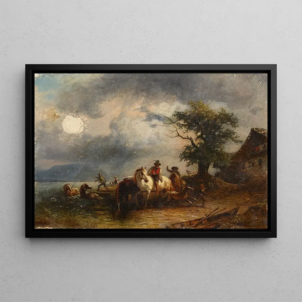 Horse Drinking Trough Painting - Friedrich August Matthias Gauermann — framed artwork on a wall