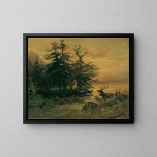 Mountain lake resting stags - Friedrich August Matthias Gauermann — framed artwork on a wall