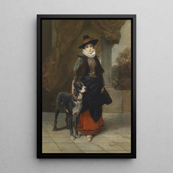 Portrait of a lady in historicizing costume with mastiff - Friedrich August von Kaulbach — framed artwork on a wall