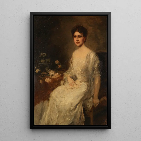 Dame sitting in a white dress - Friedrich August von Kaulbach — framed artwork on a wall