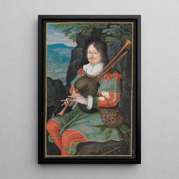 Portrait of Georg Friedrich Lord of Rappoltstein playing the bagpipes - Friedrich Brentel — framed artwork on a wall