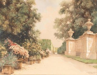 a painting "Une allée dans le Grand Parterre avec des pots de fleurs et une partie d'un mur dans le parc de Schönbrunn" by Friedrich Frank — artwork view