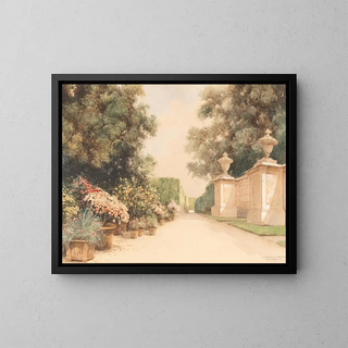a painting "Une allée dans le Grand Parterre avec des pots de fleurs et une partie d'un mur dans le parc de Schönbrunn" by Friedrich Frank — framed artwork on a wall