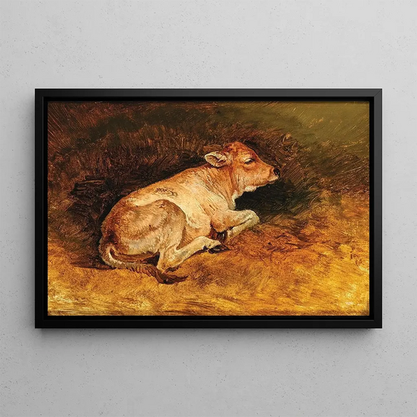 A lying calf - Friedrich Gauermann — framed artwork on a wall
