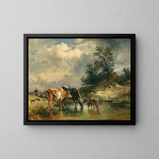 Cows near a watering place - Friedrich Gauermann — framed artwork on a wall