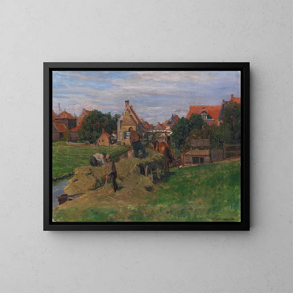 Harvesting hay in the Netherlands - Friedrich Kallmorgen — framed artwork on a wall