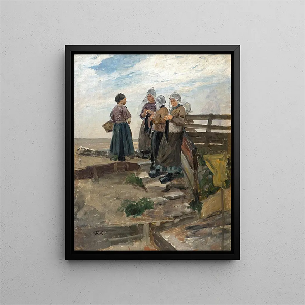 Dutch fisherwomen on the beach - Friedrich Kallmorgen — framed artwork on a wall