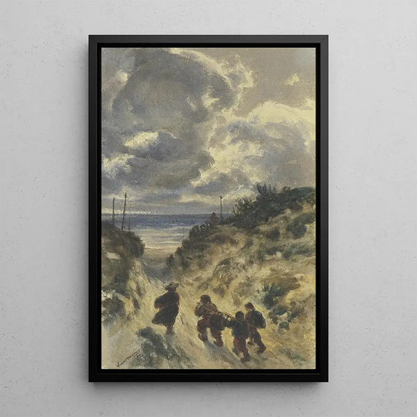 Path hollow by the sea with four men 1852 - Friedrich Karl Hausmann — framed artwork on a wall