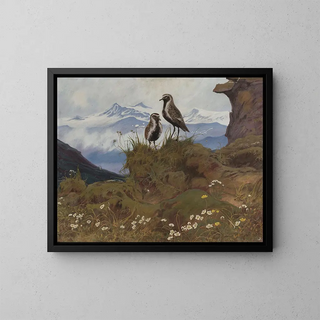 Two birds in a mountain landscape - Friedrich Lissmann — framed artwork on a wall