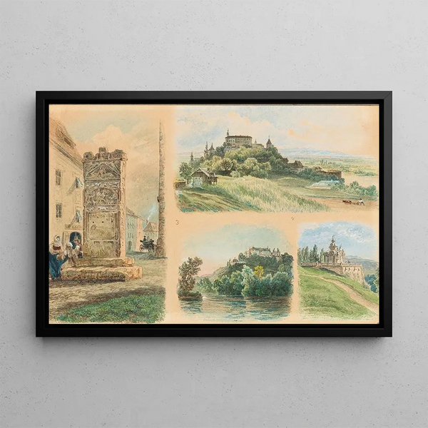 View of Maribor, the Roman monument at Pettau, Oberpettau castle, Seckau castle - Friedrich Loos — framed artwork on a wall