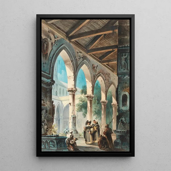 Moines dans le cloître - Friedrich Perlberg — framed artwork on a wall