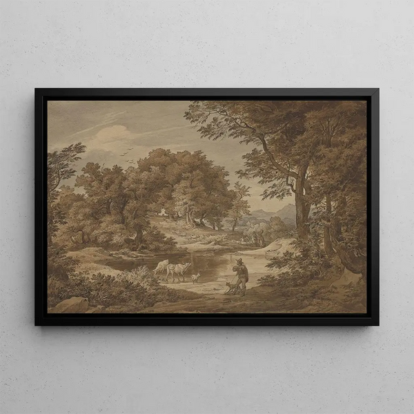 Italianate landscape painting with shepherds - Friedrich Preller the Elder — framed artwork on a wall