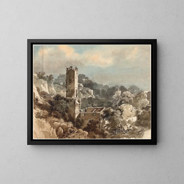 Ruins of a fortified tower among wooded hills - Friedrich Salathé — framed artwork on a wall