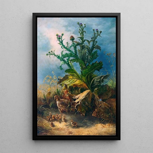 Chardons en fleurs avec une famille de tétras lyre - Friedrich Schauta-Moos — framed artwork on a wall