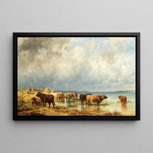 Herd of Cattle near a Lake - Friedrich Voltz — framed artwork on a wall