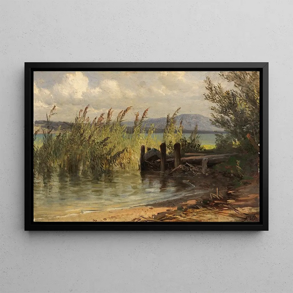 Pontoon in the Reeds - Friedrich Voltz — framed artwork on a wall