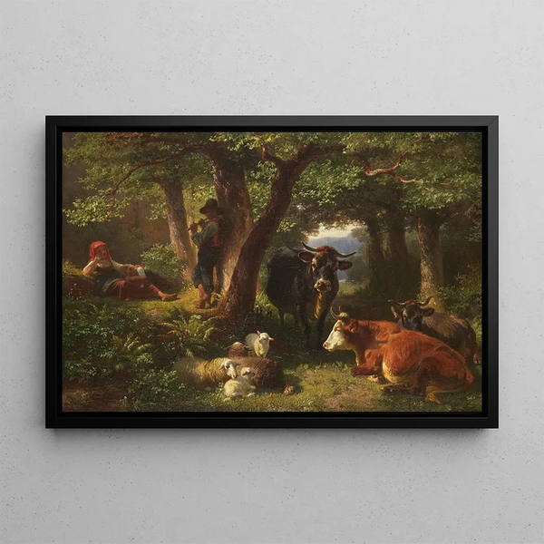 Children shepherds in the forest with cows and sheep - Friedrich Voltz — framed artwork on a wall
