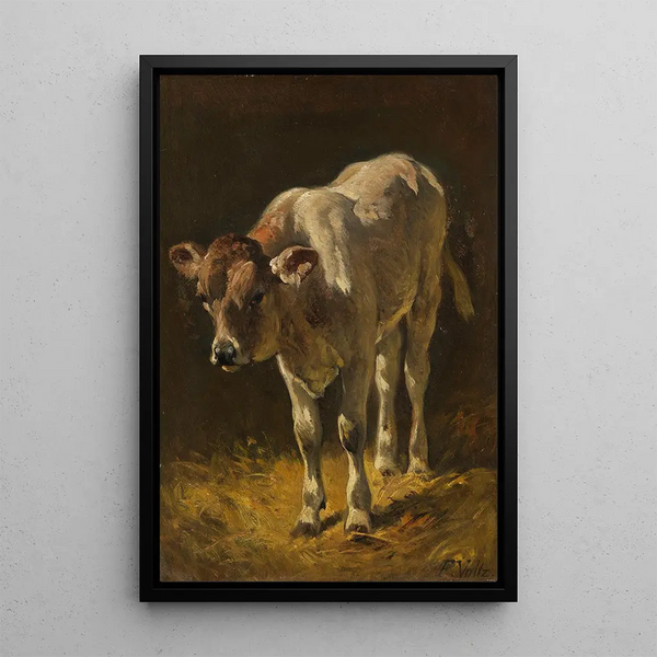 Calf in the Stable - Friedrich Voltz — framed artwork on a wall
