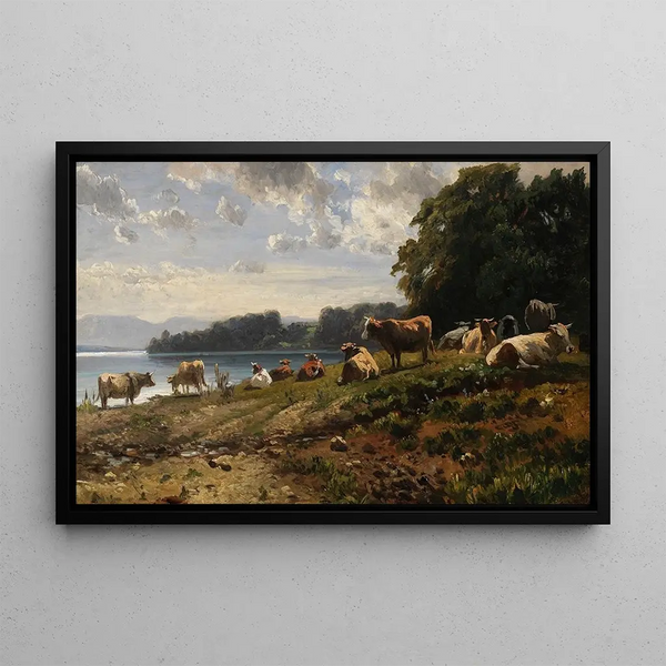 Cows by the Lake - Friedrich Voltz — framed artwork on a wall