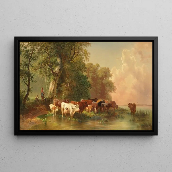 Repos de midi du berger au bord du lac - Friedrich Voltz — framed artwork on a wall