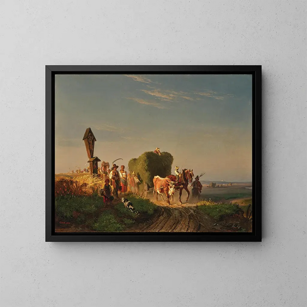 Return home after hay harvest at sunset - Friedrich Voltz — framed artwork on a wall