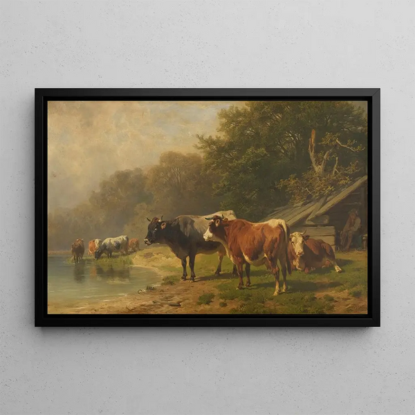 Bovines near the lake - Friedrich Voltz — framed artwork on a wall