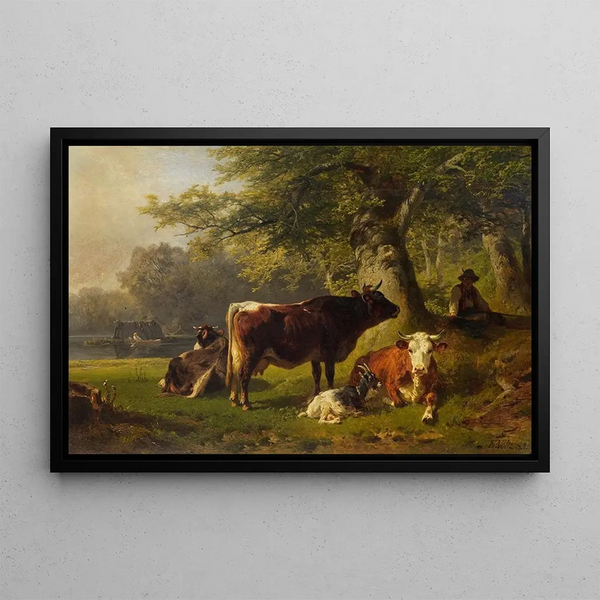 Landscape pasture painting with young shepherd - Friedrich Voltz — framed artwork on a wall