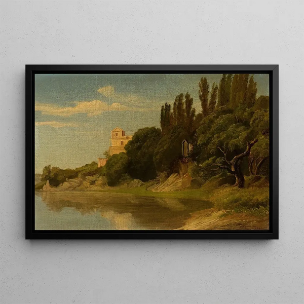 Italian landscape painting by the water's edge - Friedrich Wasmann — framed artwork on a wall
