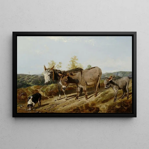 Donkeys on a moorland path - Friedrich Wilhelm Keyl — framed artwork on a wall