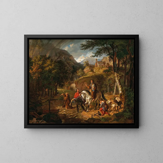 Rodolphe de Habsbourg guides a clergyman across a stream with the Holy Sacrament - Friedrich Wilhelm Müller — framed artwork on a wall