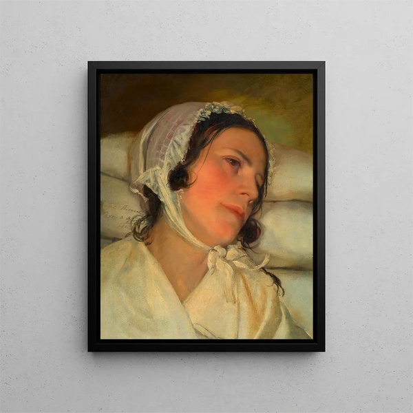 Antonie Amerling at her sickbed, artist's wife - Friedrich von Amerling — framed artwork on a wall