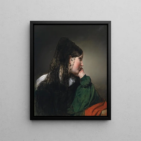 Girl in profile with black mantilla - Friedrich von Amerling — framed artwork on a wall