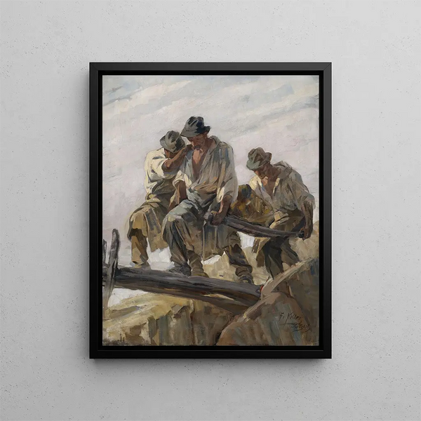 Quarry workers crossing a narrow footbridge - Friedrich von Keller — framed artwork on a wall