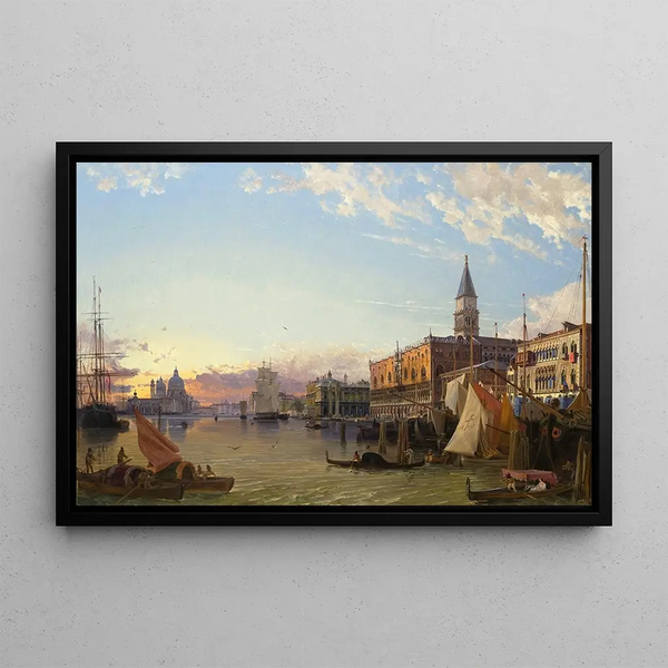 The Doge's Palace and the Piazzetta di San Marco with a view of the Grand Canal and Santa Maria della Salute in the distance - Friedrich von Nerly — framed artwork on a wall