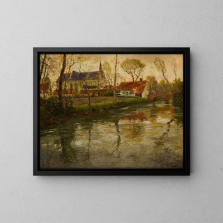 a river landscape with a church beyond - Frits Thaulow — framed artwork on a wall