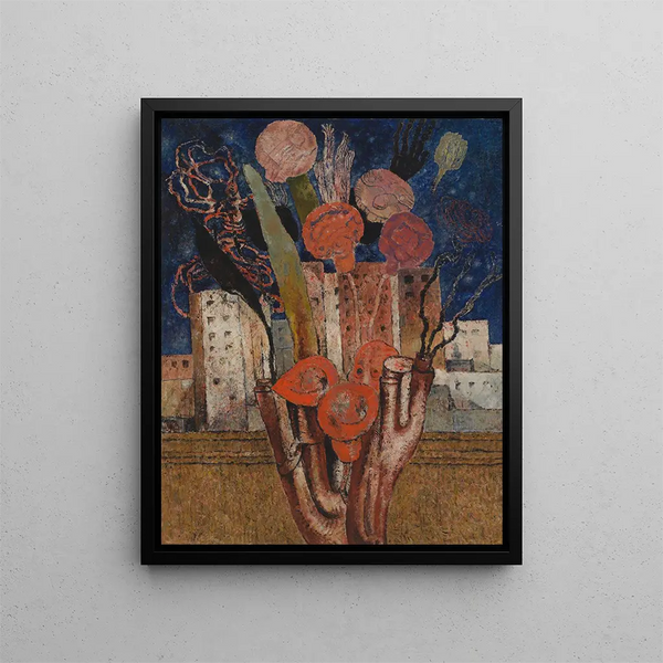 Flowers over the city - Frits van den Berghe — framed artwork on a wall