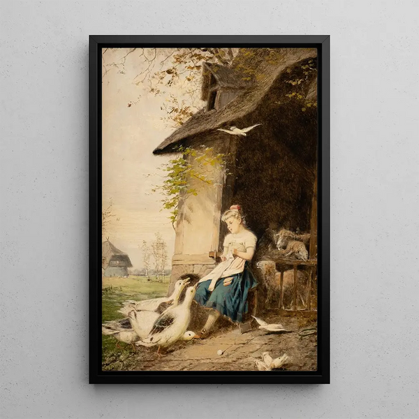 Young girl with geese knitting - Fritz Beinke — framed artwork on a wall