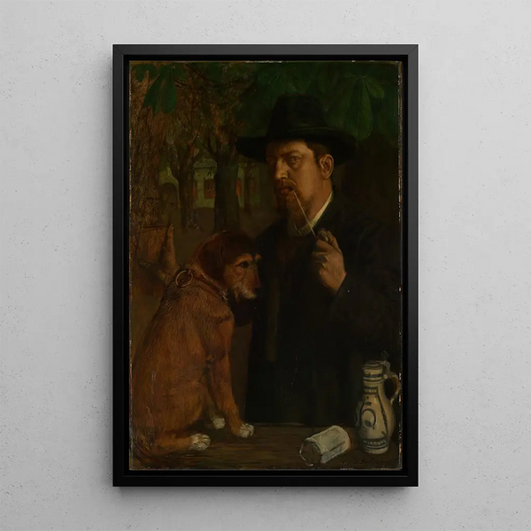 Self-portrait with dog - Fritz Boehle — framed artwork on a wall