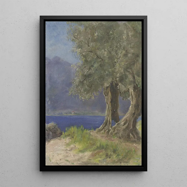 Olive Grove by a Lake in Italy - Fritz Hauck — framed artwork on a wall